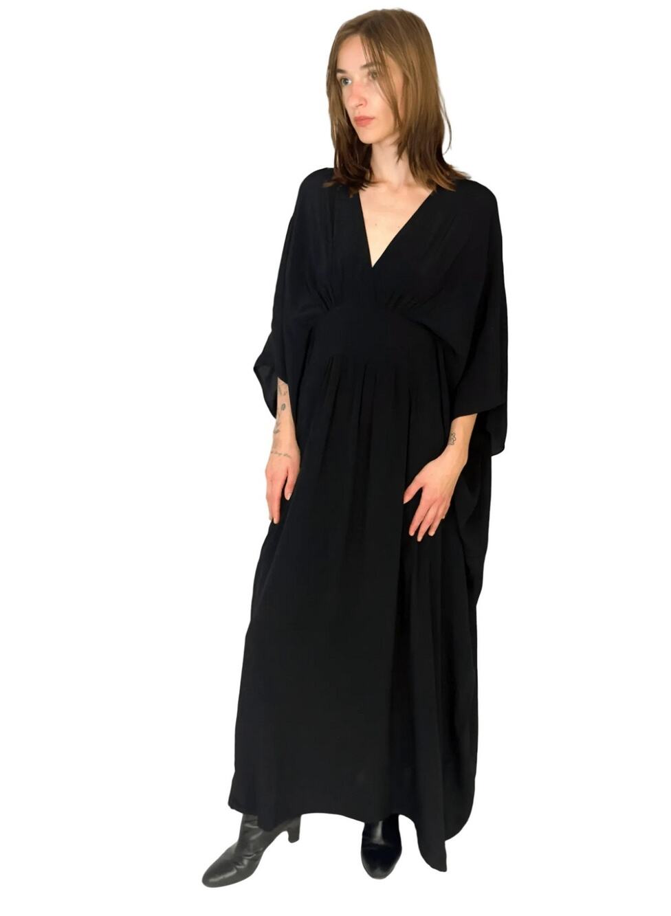 Meg Dress Womens Black Midi Maxi Kaftan Tie Back One Size Est 1994 Made USA